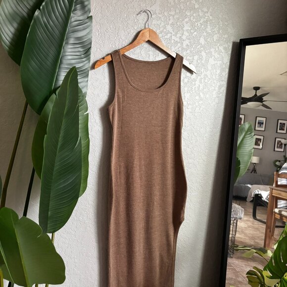 Brown Ribbed Knit Bodycon Midi Dress | Sleeveless Tank Dress | Size L - Picture 1 of 2